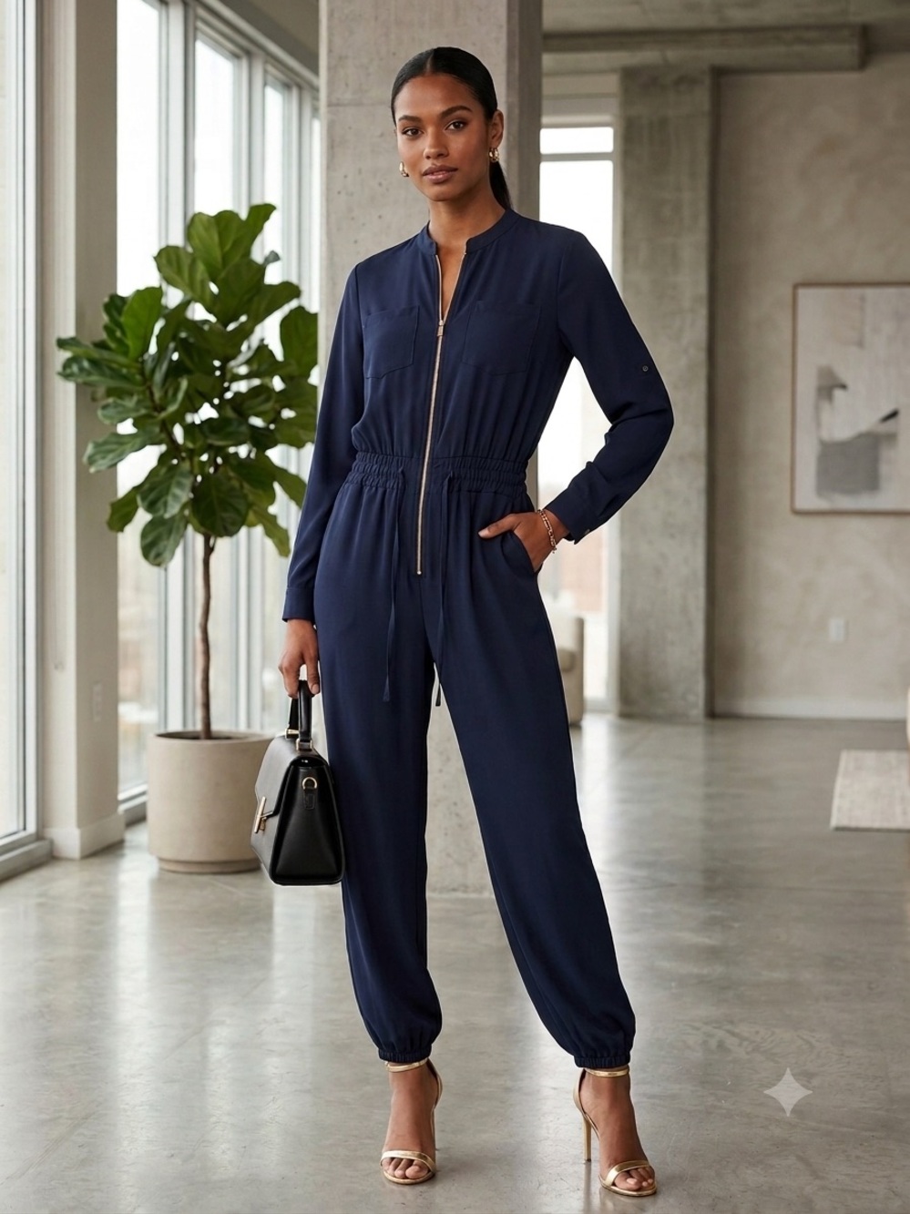Gianni Bini Navy Long-Sleeve Zip Jumpsuit